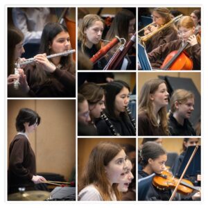 collage of students playing music